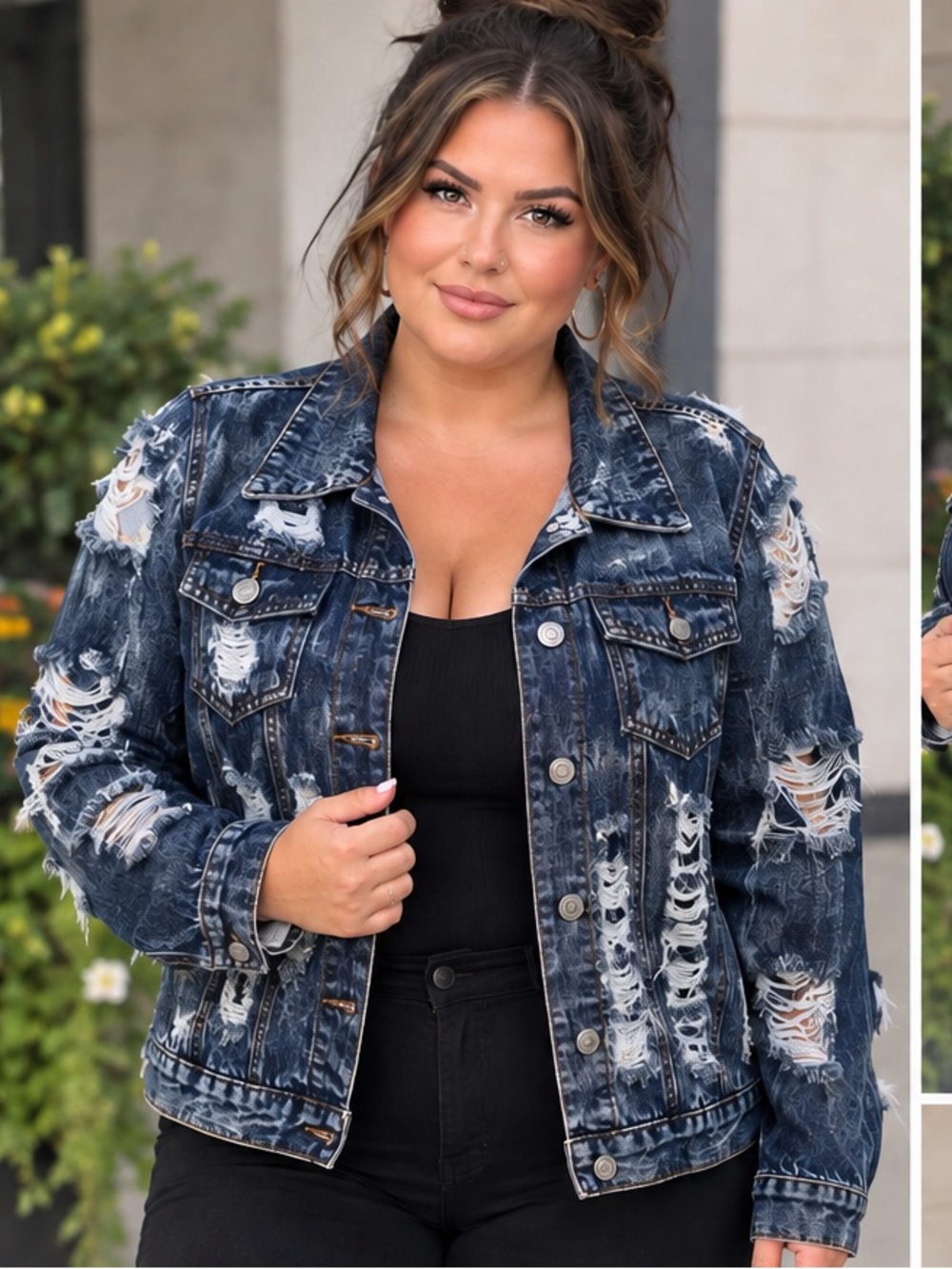 XL Thrill Distressed Dark Blue Jean Jacket embroidered roses 🌹 PTP20” EUC